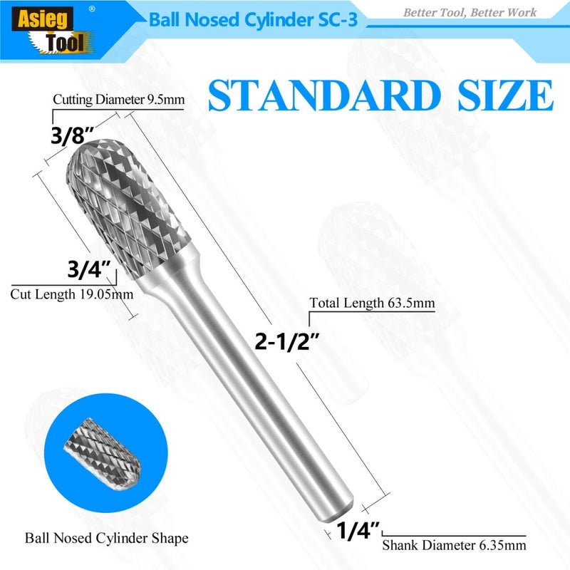 Asieg Tool SC-3 Tungsten Carbide Burr Rotary File Cylindrical Ball Nose End Shape Double Cut for Die Grinder Drill Bits 1/4'' Inch Diameter of Shank and 3/8'' Inch Diameter of Cutter 3/4'' Inch Cutter Length - Image 2